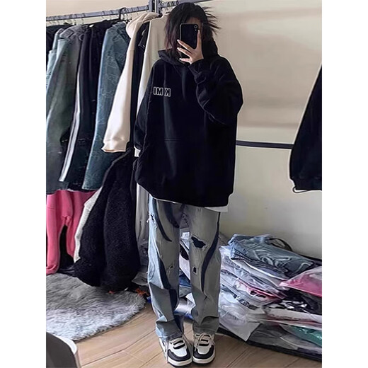 Digada Sweatshirt Männer und Frauen Herbst- und Winterdesign Nische Trendy Marke Übergroße Plüsch amerikanische Retro-Kapuze-Sweatshirt-Jacke HDFS-6180 Black L.