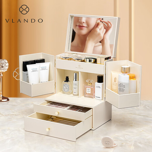 VLANDO high-end dark blue cosmetic box Christmas gift for girlfriend Large capacity can hold fairy water skin care product storage box double door - off-white large capacity - gift recommendation