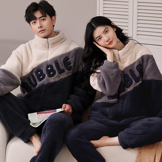 Yalu Zipper Stand-up-Kragenpaar Korallenletter Pyjamas für Frauen, verdickte und warme Heimkleidung für Männer im Herbst und Winter, modische Außenbeschäftigung 02l8802 Frauen/ 02l9902 Männer xxl Frauen