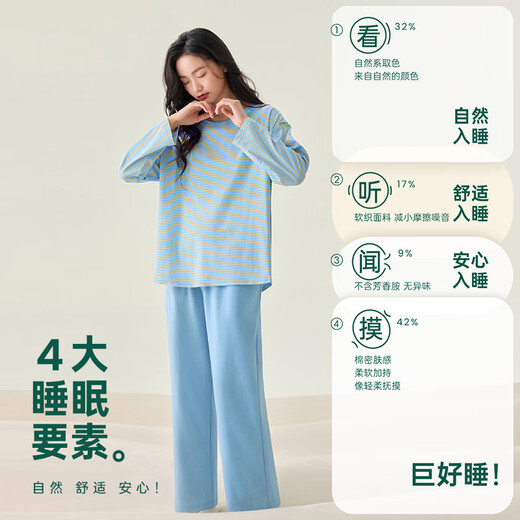 Anzhiban Juhaosui Couple Pajamas Spring and Autumn Antibacterial Warm Core Cotton Casual Simple Striped Long Sleeve Round Neck Home Clothes Qiubo Blue (Female) M
