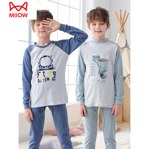 
Cat Man (MiiOW) Boys Autumn Clothes and Autumn Pants Set Cotton Sweater Children's Underwear Base Cotton Spring and Autumn Winter Pajamas Boys Medium-Grand Children NXX17081 [Round Collar] 150cm (150cm (recommended height 136-145cm