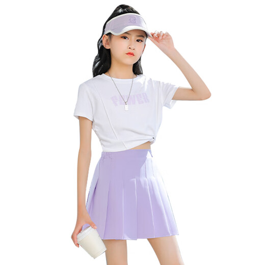 优优1点（Yoyo one）女童运动套装儿童夏季速干两件套网球女大童2025新款裙子夏装短裙 9889白色+1566紫色 160 160cm