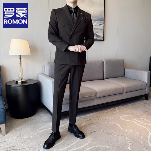 ROMON Light luxury haute couture groom wedding suit male British slim dress business formal striped suit dark coffee color # (suit + trousers) L