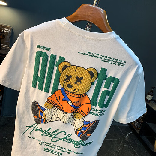 Qianji (QIANJI) 2025 new summer short-sleeved T-shirt for men's trendy brand loose internet celebrity bear same printed casual half-sleeved T-shirt for men white [JSW9922] M suitable for 90-108Jin [Jin equals 0.5 kg] wear
