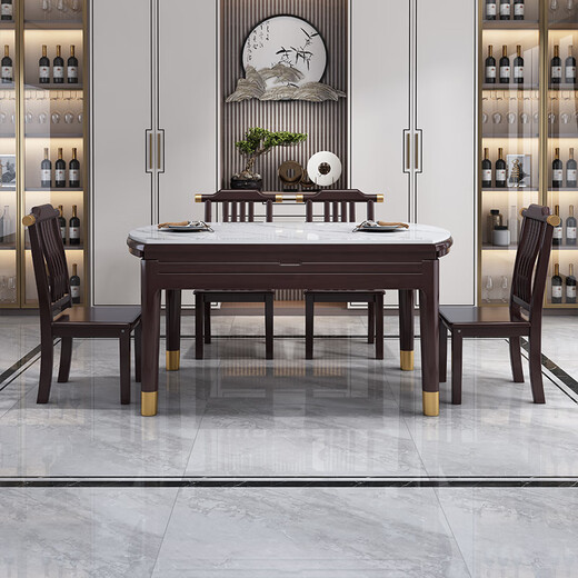 Mesa de comedor de la losa de roca de madera sólida Fanyi Combinación de silla NUEVO Apartamento de apartamento pequeño de estilo chino y mesa de comedor de doble propósito 681# 1.5M Mesa de comedor One Table 10 Sillas Slab Rock Slab
