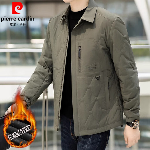 Pierre Cardin autumn and winter casual men's thickened coat warm lapel short jacket men's mulberry silk cotton jacket 2025 new khaki XL recommended 140-155Jin Jin equals 0.5 kg
