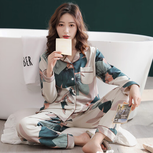 Dilefen pajamas for women pure cotton long sleeve spring and autumn casual cardigan home clothes full cotton winter thin plus size women's suit XEQ-9906 women 3XL size recommended to wear weight 160-180 Jin [Jin equals 0.5 kg]
