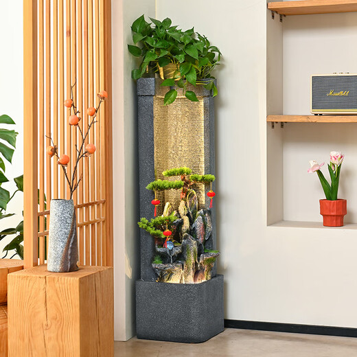 Hougu Decoration Home Rockery, Fish Pond, Waterfall and Flowing Water Ornaments Floor-to-ceiling Living Room Office Feng Shui Lucky Circular Water Curtain Wall Opening Gift Fresh and Elegant Green Plants