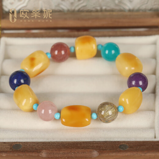 Ouchini Beeswax Bracelet Natural Amber Shaped Chicken Oil Yellow Hair Crystal Amazonite Strawberry Crystal Duobao Bracelet Women's Cloud