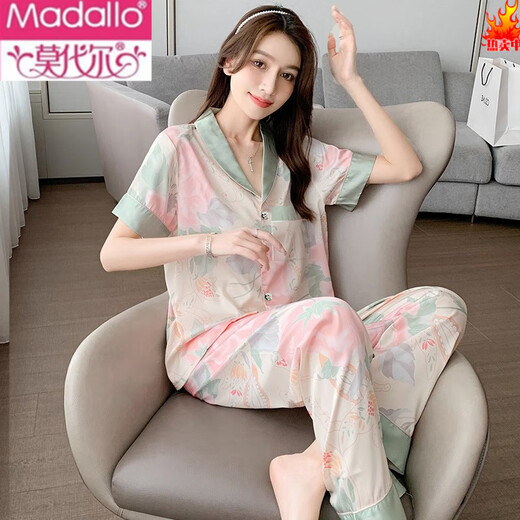 Modal Internet Celebrity Sommerpyjama für Frauen Eis Seide Pfingstrose Blume kurzärmelige Hose Sommerdünn zu Hause Kleidung für Outdoor-Verschleiß Set 694 Tintenmalerei Kurzärärmelhosen m