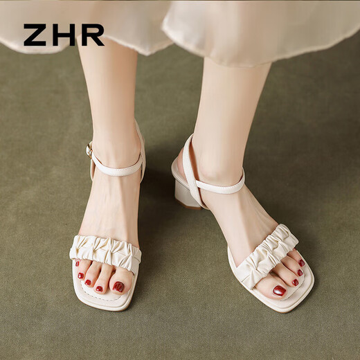ZHR粗跟凉鞋女夏季优雅法式方头女鞋百搭一字带鞋子女 Y756 米色 36 