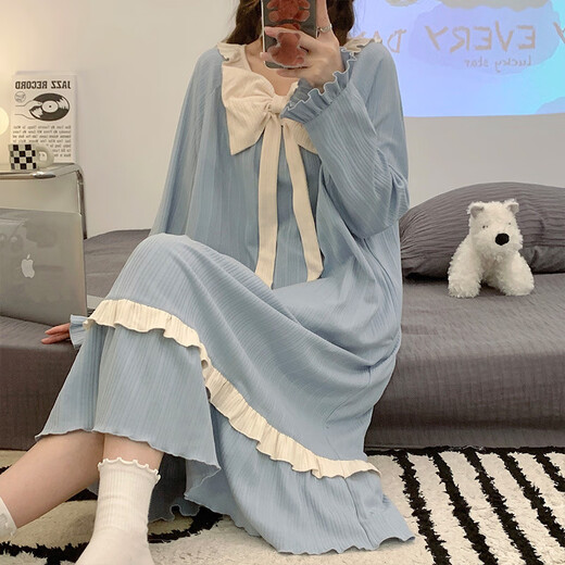 
LangSha nightgown (LangSha) nightgown for women in spring and autumn summer new pullover long-sleeved pajamas cute cartoon mid-length style for outdoor wear Q16863 M