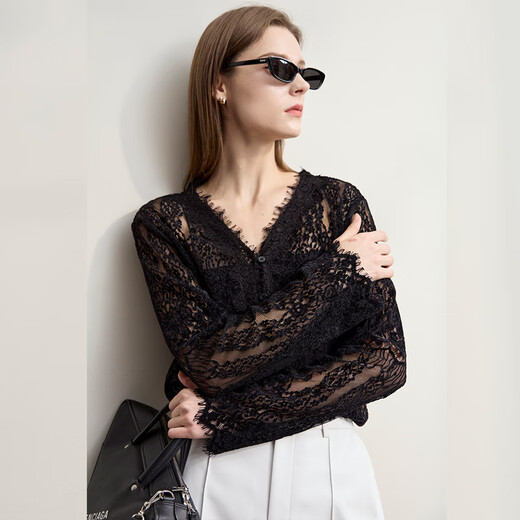 AMII Französisches Spitzenhemd 25, Herbst, französisches Retro-Spitzen-Jacquard-Hemd, Damen, Frühling und Herbst, Langarm, hochwertig, Schwarz, 160/84A/M, Einheitsgröße