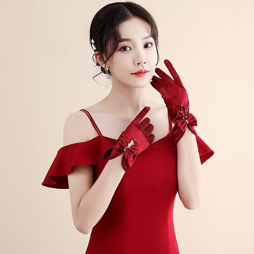 Fu Qirui Elastizität und elegantes Hochzeitskleid rösten Handschuhe koreanische Kurzspitzenschuhe Hochzeit XiUhe Wein rote Handschuhe rote Chrysanthemen kurz