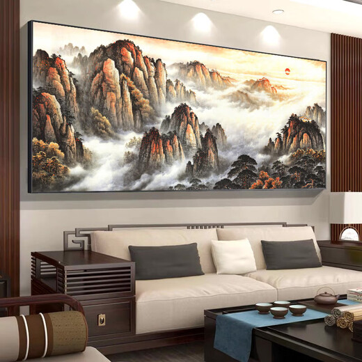 2025新款挂画有山无水靠山图装饰画办公室山水风景画客厅背景字画 CT-3887【背有靠山】 【防水油画布】长320高130cm 【尊贵黑】