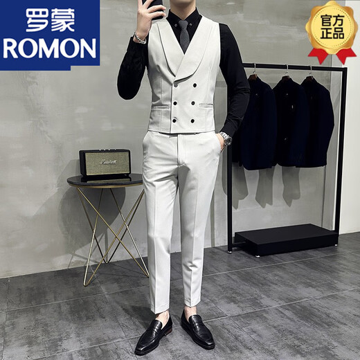 罗蒙（ROMON）双排扣马夹西服套装潮修身新郎伴郎兄弟团男马甲韩版商务休闲西裤 黑色马甲 L