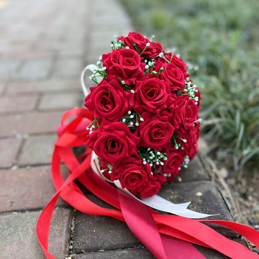 LISM韩式捧花新娘结婚绸缎永生花红玫瑰花摄影婚礼手捧花束 红色热情玫加f粉色百合21朵