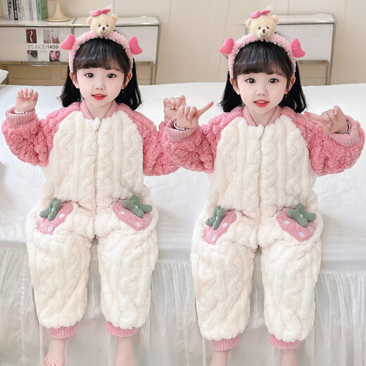 Kexin baby baby sleeping bag autumn and winter double-layer thickened flannel children's one-piece pajamas coral velvet baby anti-kicking quilt crawler suit pink strawberry size 90 recommended for 1-2 years old (height around 85)