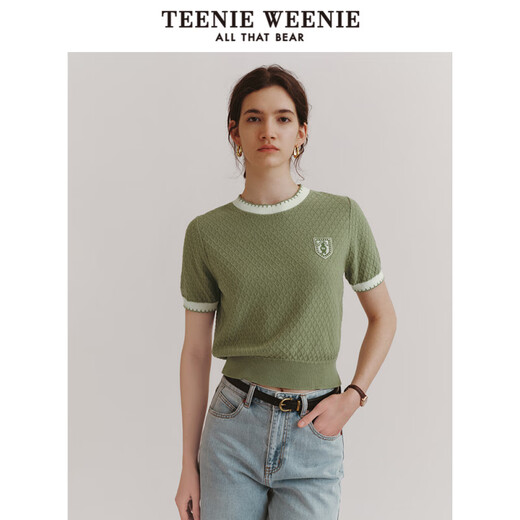 Teenie WeenieteenieeVeenie Bär Frauen einfache Sommerstil Kleidung Kontrast Farbe Textur Crescent Raster Rundhals Hals Kurzarm Pullover Militärgrün XS 155_