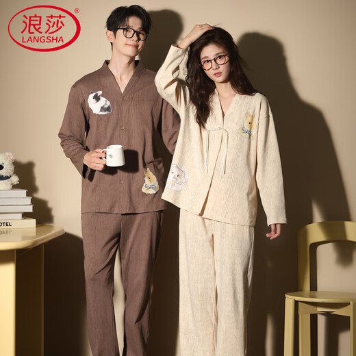 LangSha pure cotton pajamas couple wear for one man and one woman spring and autumn casual cartoon monk collar 100% cotton can be worn outside home clothes 8077 couple L female + 2XL male