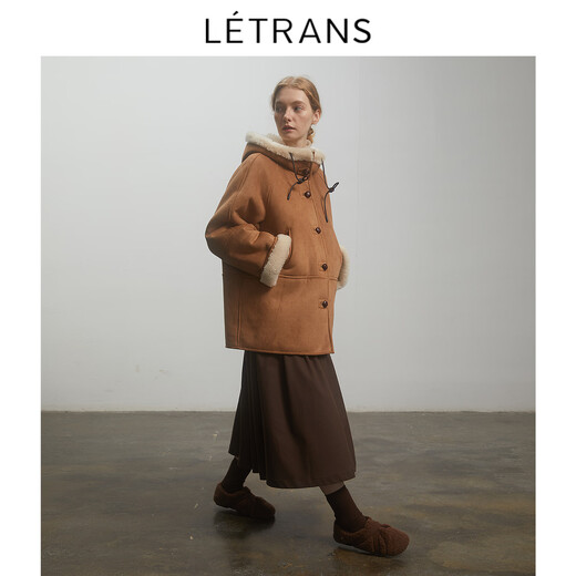 
LETRANS Yuan-Danish Winter Sheep Sheep Coat Women's Hooded Short Imitation Fur Integrated Lamb Fur Brown M