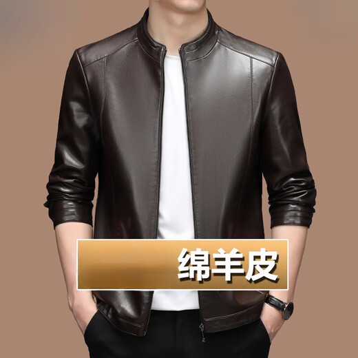 MONTAGUT Men's Autumn and Winter New Leather Jacket Business Casual Stand Collar Haining Genuine Leather Sheepskin Young Middle-Aged Jacket Black Stand Collar Thickened 2151 Velvet 185/2XL Recommended 155-170 Jin Jin equals 0.5 kg