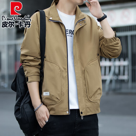 皮尔卡丹（pierre cardin）春秋款男加厚翻领夹克新款男装加肥加大上衣工装休闲立领潮流外套 卡其色 719春秋款 XL 115-135斤左右