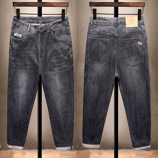 梦园朵夏季牛仔裤男士松紧腰高弹力宽松版型休闲裤男韩版潮流小脚裤长裤 常规 3887黑色 28  90-105