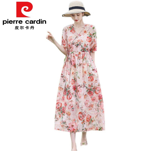 
Pierre cardin retro ethnic style women's long skirt summer age-reducing mother m mother suit lace waist-hugging slimming cotton linen dress floral dress 683 pink XL