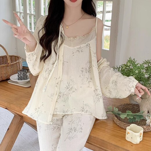 梦特娇（MONTAGUT）云朵棉睡衣女春秋季长袖吊带三件套可爱树叶纯欲风家居服2025新款 tfn#f9928 均码 m建议75-95斤