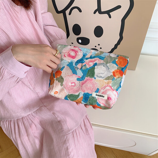 Fan Yejia Ins Style Make -up -Beutel große Kapazität tragbare Innenverbindungsbeutel Hautpflegeprodukte Aufbewahrungstasche Jacquard Tuch Zertifikat Toilettenbeutel Ölmalerei Orange Pulver 26*19*5 cm