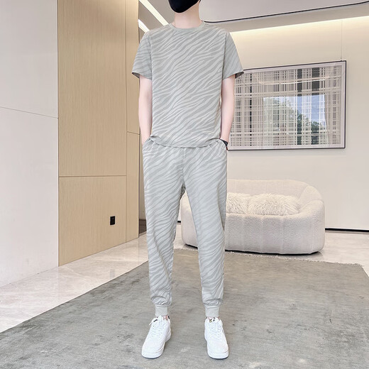 NASA RHUDE夏季冰丝短袖T恤运动套装男潮牌男装套装潮流休闲男夏天衣服夏装 719灰色(短袖+长裤) 4XL (175-190斤)