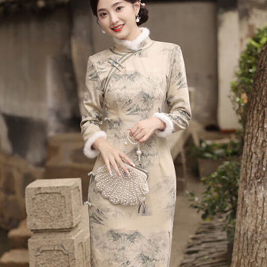 Du Yanzhi's new winter style, thickened and furred, long eight-button side cheongsam, landscape painting Chinese style stand-collar long cheongsam, beige color (velvet style, softer) plus velvet M (160) 95-105Jin Jin is equal to 0.5 kg