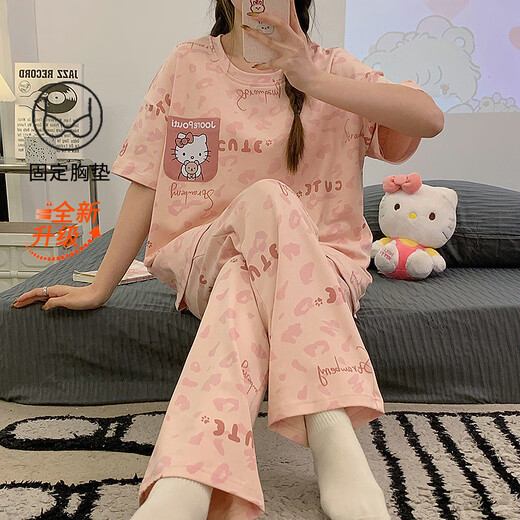 
MONTAGUT (MONTAGUT) pajamas with chest pad for women in summer short-sleeved trousers round neck 2025 new cartoon KT cat girl home clothing set JYR9207 M