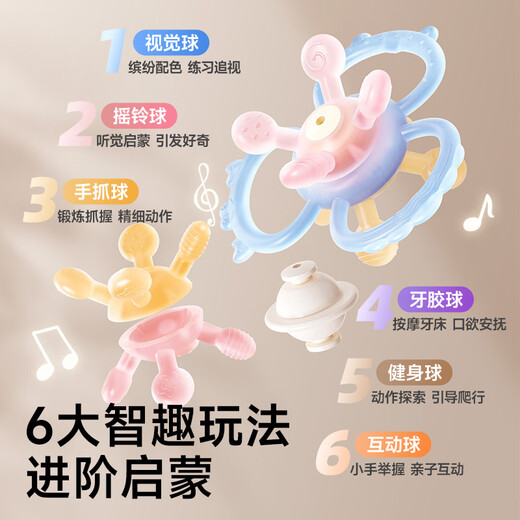 Rushan Manhattan hand ball teether baby toy silicone chewable baby teething stick 0-3-6 months old 6-in-1 Monet Nebula-free storage box