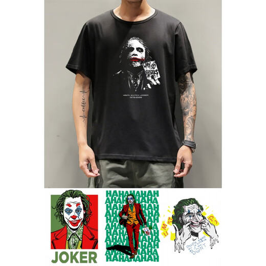 Вставая на футболку Lihong Heath Ledger Joker с короткими рукавами Joker Co-Brened Dark Knight Batman одежда в фильме «Периферийный принт» F691 Black Clown F691 Black Clown XS (75-95JIN [JIN равно 0,5 кг]))