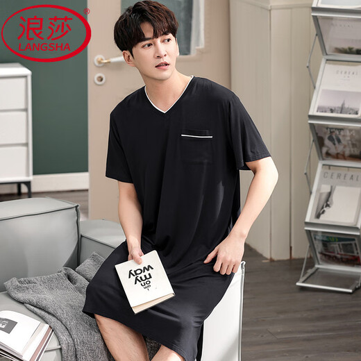 Langsha Men's Nightgown Summer New Style Modal Pyjamas Plus taille à manches courtes en V lâche peut être portée à l'extérieur avec des vêtements de grande taille SMH [844 noir] 2xl