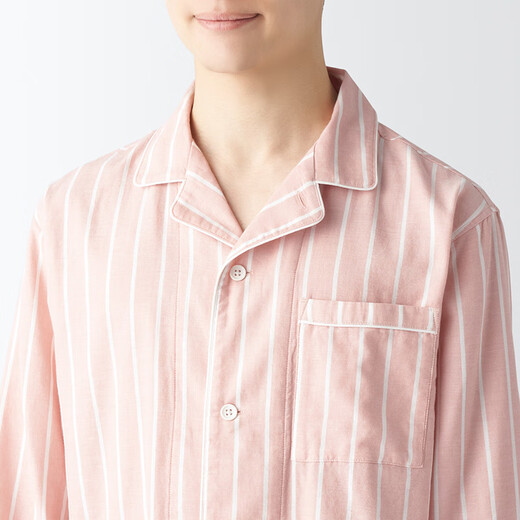 MUJI men's style, no side seams, double layer yarn, pajamas, men's home clothes, spring and autumn, FB0YDC4S, light orange stripes, M (top 170/92A, bottom 170/80A)