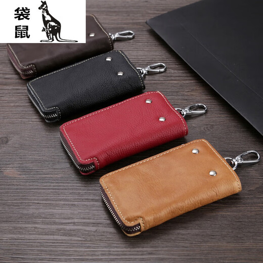 Kangaroo retro top layer cowhide key bag multifunctional men's large capacity soft cowhide card bag coupon wallet key bag coffee color