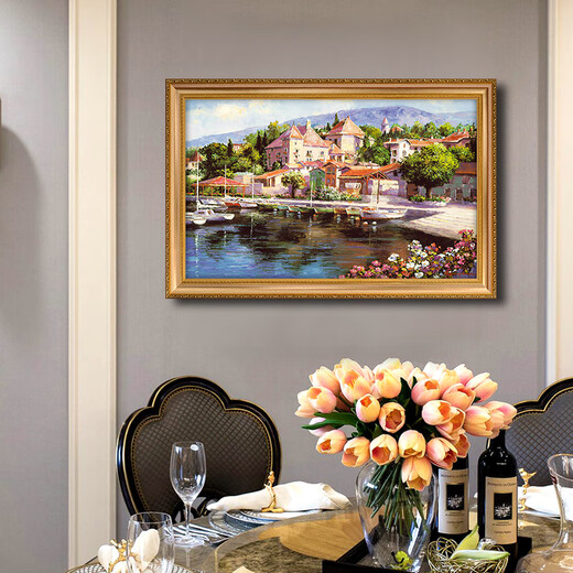 Diqi europäischer Stil Sea View Town Landschaft handbemalte Ölgemälde Eingang Eingangsbilder amerikanische Schlafzimmer Wohnzimmer Dekoration Gemälde 692 Gold Massivholz Rahmen 140x90