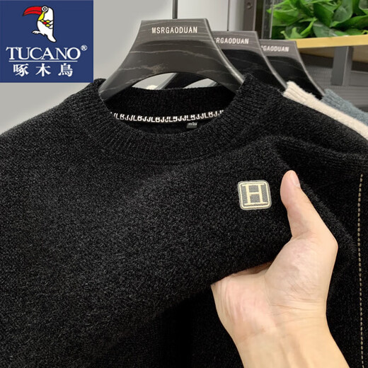 
Woodpecker integrated velvet high-end sweater for men's autumn and winter style plus velvet thickened round neck warm bottom knitted sweater clothes 10749/9906 black [added velvet thickened] L