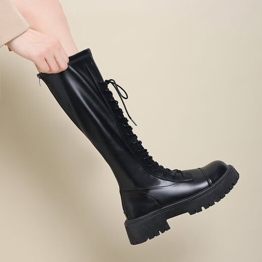 Ershan Ji Temperament Vielseitige lange Stiefel für Frauen, hohe und dünne Ritterstiefel, Reißverschluss gebundene Martin -Stiefel für Frauen, Frühlings- und Herbststiefel 36