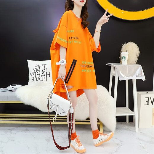 确不凡配鲨鱼裤的遮臀上衣夏季款显瘦短袖洋气宽松韩版短袖恤裙女中长款 YG-902橘色 M 适合(90-110斤)