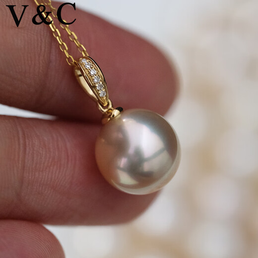 V&C18K Diamond Australian White Dry Rose Pendant Champagne Seawater Pearl Necklace Perfect Round Extremely Bright 10-11 10-11mm Style 2 (excluding chain)