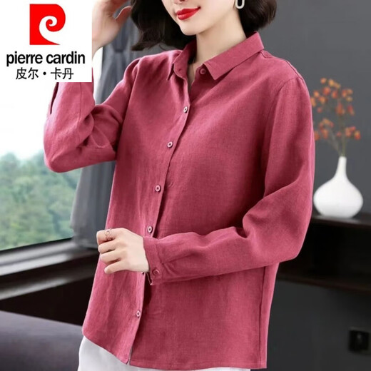 皮尔卡丹（pierre cardin）纯棉衬衫女2025年新款秋季纯色衬衫春秋宽松遮肉长袖衬衫女上衣 紫粉色 XL 建议111-125斤