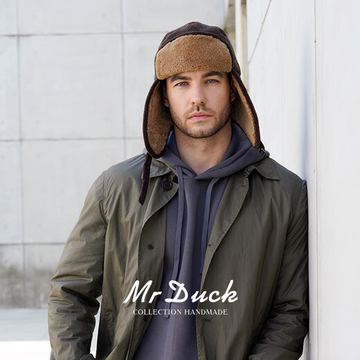Mr DUCK Australian fur one-piece lamb hair ear protection thunder cap for men and women retro corduroy flight hat Northeast winter travel adobe brown (thickened to keep warm and cold-proof)-MW366172 M (suitable for 55-57cm head circumference)