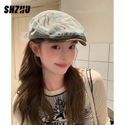 十竹牛仔前进帽女春夏做旧复古美式贝雷帽显脸小时尚洋气百搭画家帽 牛仔蓝蝴蝶结【挺括有型】