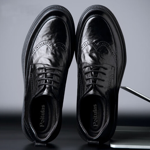 Portures leather shoes men's low-cut lace-up hand-scratch business casual shoes British brogue wedding shoes 2996 black 42