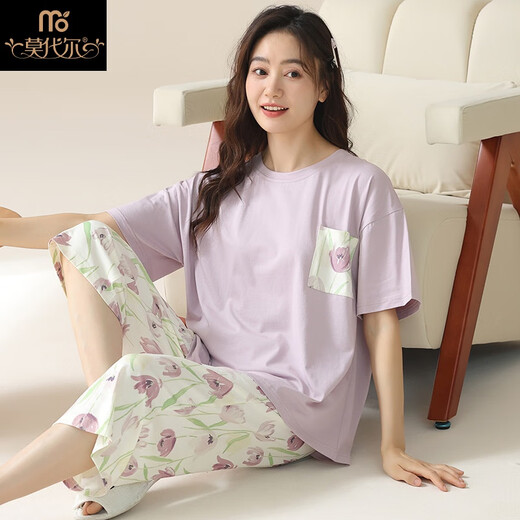 莫代尔睡衣女款夏季纯棉短袖七分裤裤薄款2025新款女式夏款可外穿家居服 H9902 M建议90-110斤