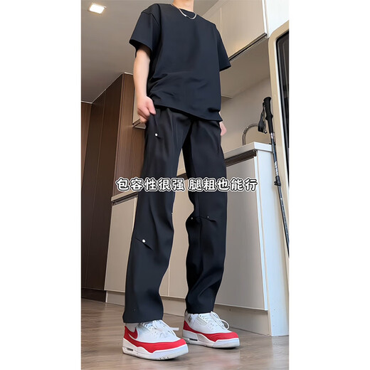 Digada American High Street Black Rivet Pants Men's Spring and Autumn Paratrooper Assault Workwear Straight Loose Draping Casual Pants LRB-K89 Black M
